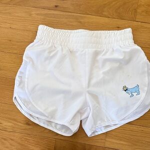 White Kids Athletic Shorts with Blue Goat Graphic